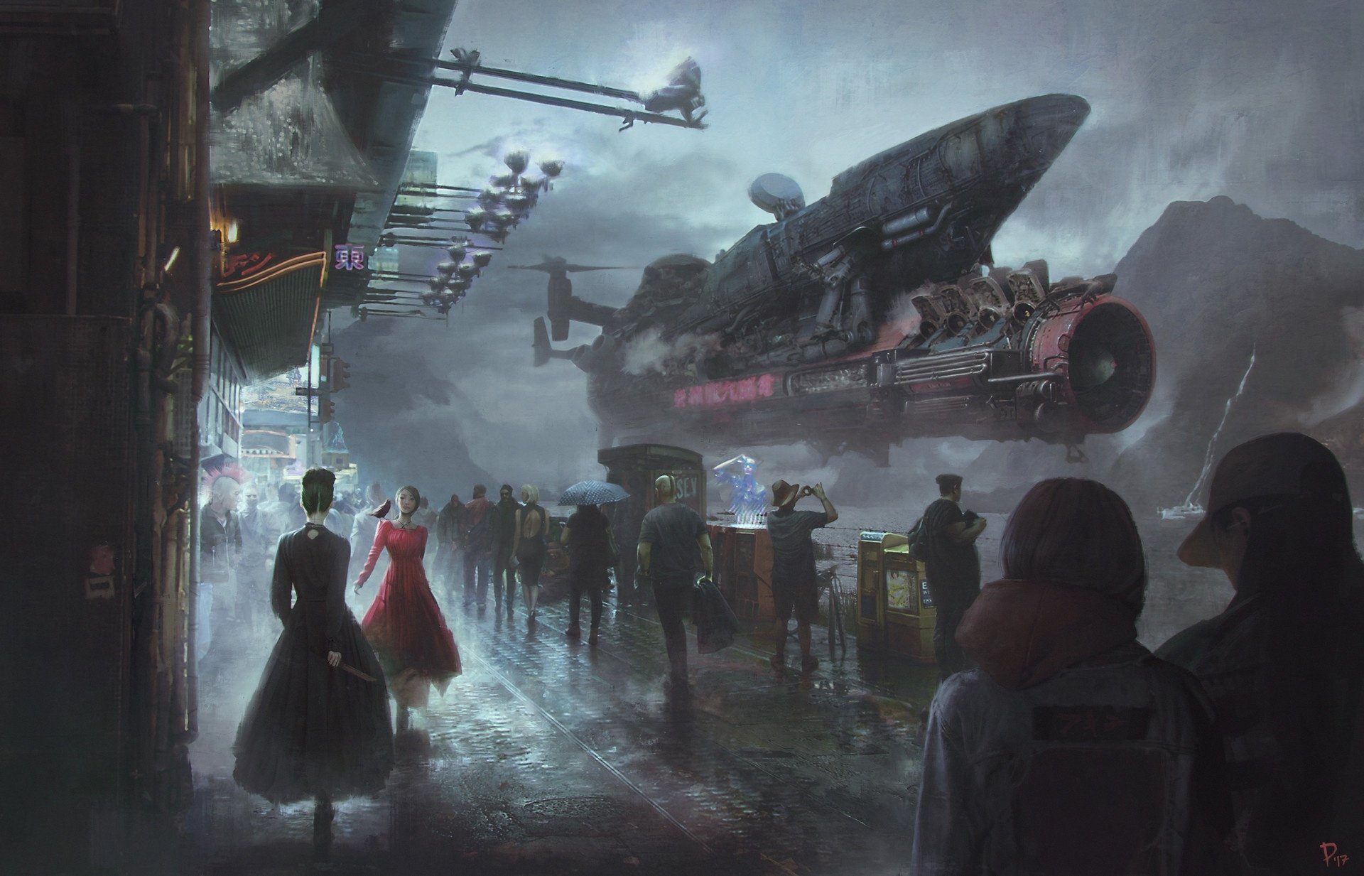 HD desktop wallpaper featuring a steampunk sci-fi scene with people on a rainy street and a large, futuristic airship hovering overhead.
