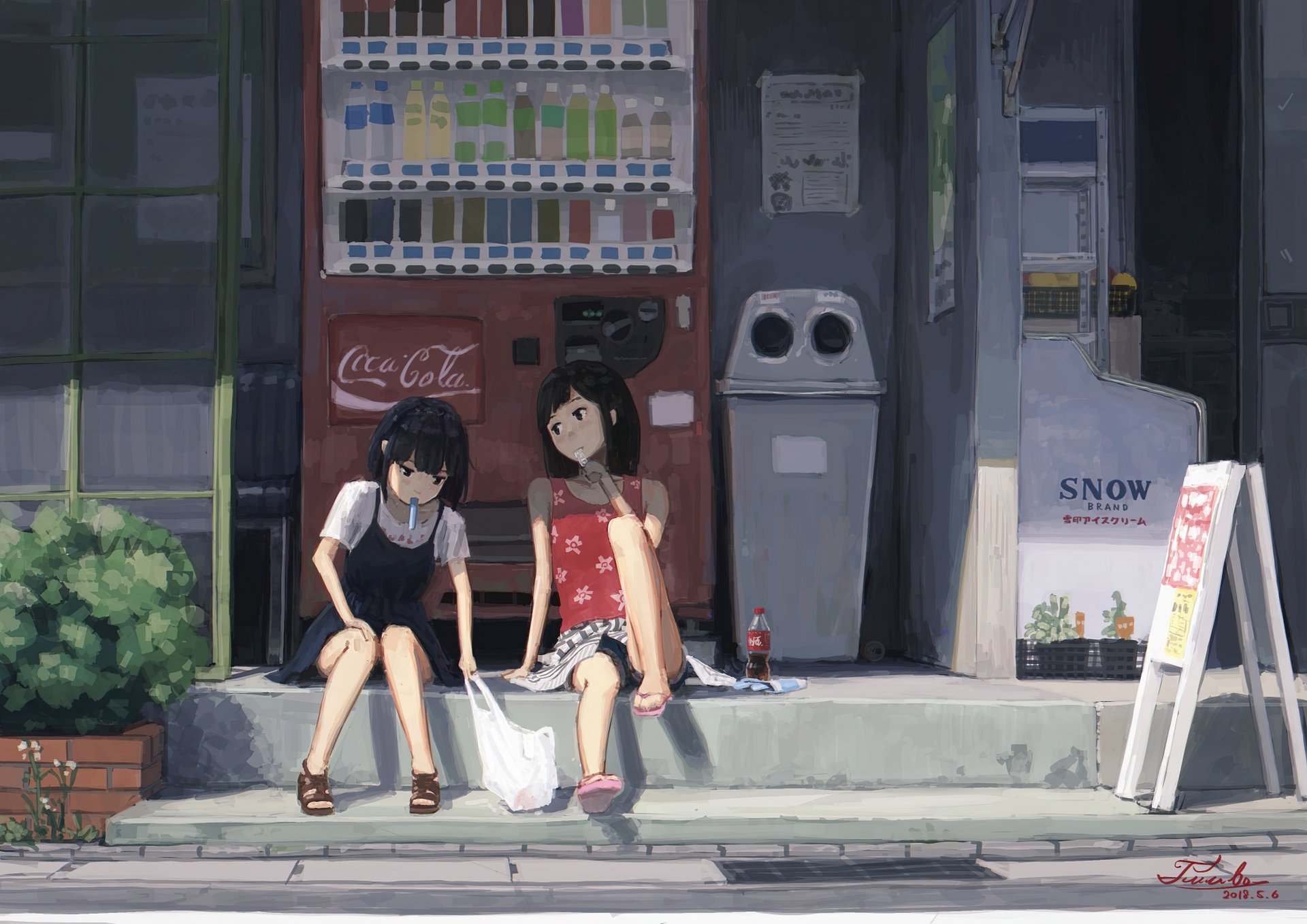 HD anime desktop wallpaper featuring two original characters with black hair and black eyes sitting by a vending machine on a quiet street at dusk.