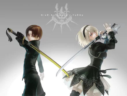 A dynamic anime crossover featuring Levi Ackerman from *Attack on Titan* and YoRHa No.2 Type B from *NieR: Automata*, set against a sleek, gradient background.