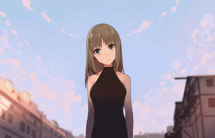 HD anime desktop wallpaper featuring a girl with long brown hair and striking grey eyes against a soft pastel sky background.