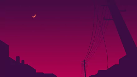 Minimalist 4K Ultra HD desktop wallpaper featuring a crescent moon above silhouetted power lines against a deep magenta sky, evoking an artistic nighttime scene.