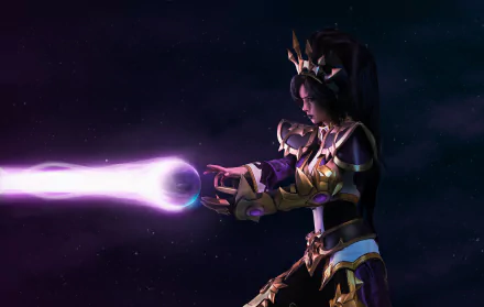 Diablo III cosplay: woman in ornate armor conjuring a purple energy orb against a starry void — 2K Quad HD PC desktop wallpaper and background.