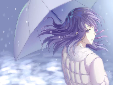 HD PC desktop wallpaper featuring Sakura Matou from Fate/Stay Night, depicted holding an umbrella with purple hair flowing against a soft, snowy background.