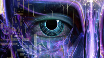 HD PC desktop wallpaper featuring a trippy, psychedelic artistic design centered on a detailed, glowing blue eye with abstract circuitry and vibrant purple hues.