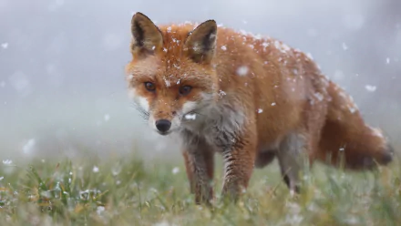 Red fox walking through falling snow over grass, snowflakes on its coat, soft blurred background, presented as a 2K Quad HD PC desktop wallpaper/background.