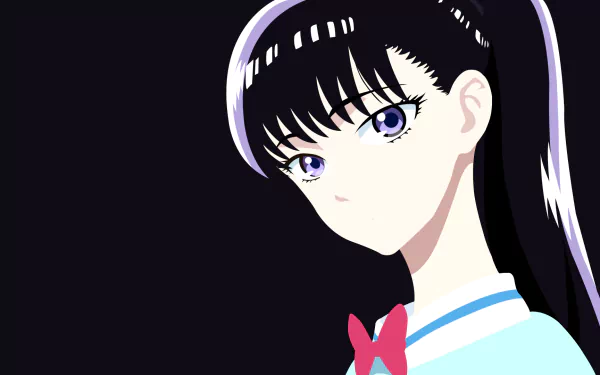 Minimalist HD anime wallpaper of Akira Tachibana from After the Rain, featuring a close-up portrait with striking purple eyes and a dark background.