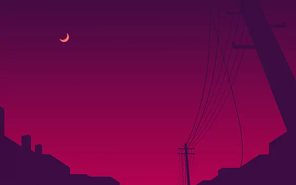 Minimalist 4K Ultra HD desktop wallpaper featuring a crescent moon above silhouetted power lines against a deep magenta sky, evoking an artistic nighttime scene.