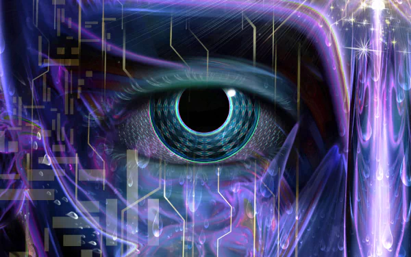 HD PC desktop wallpaper featuring a trippy, psychedelic artistic design centered on a detailed, glowing blue eye with abstract circuitry and vibrant purple hues.