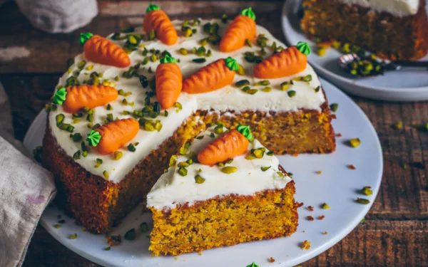 HD desktop wallpaper featuring a moist carrot cake topped with cream cheese frosting, miniature carrot decorations, and chopped pistachios on a white plate.