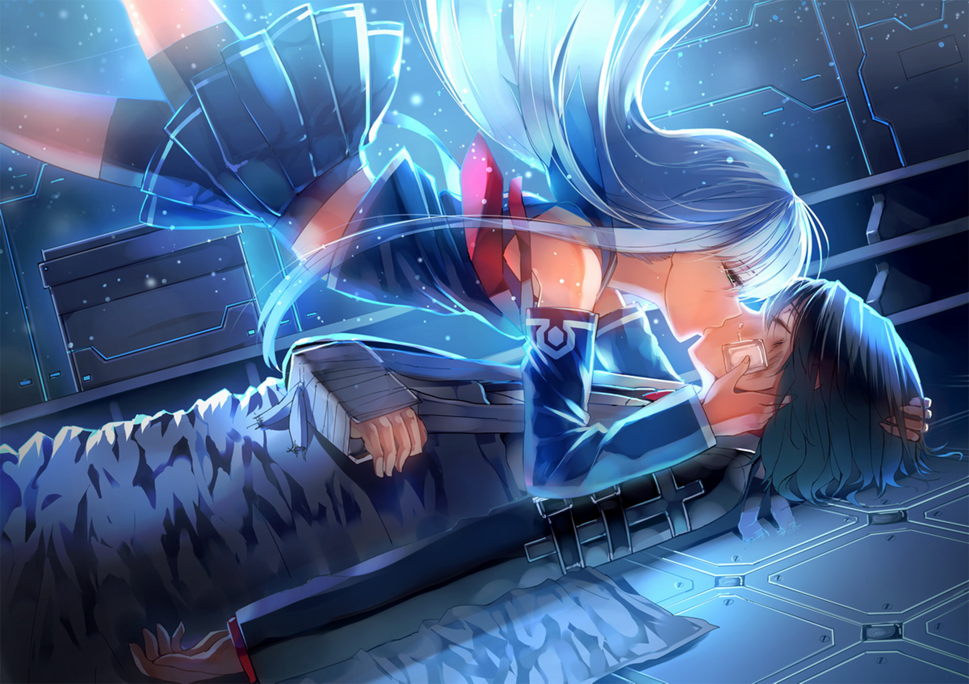 HD anime desktop wallpaper featuring Iona and Chihaya Gunzou from Arpeggio of Blue Steel sharing a kiss, with a blue-toned sci-fi background.