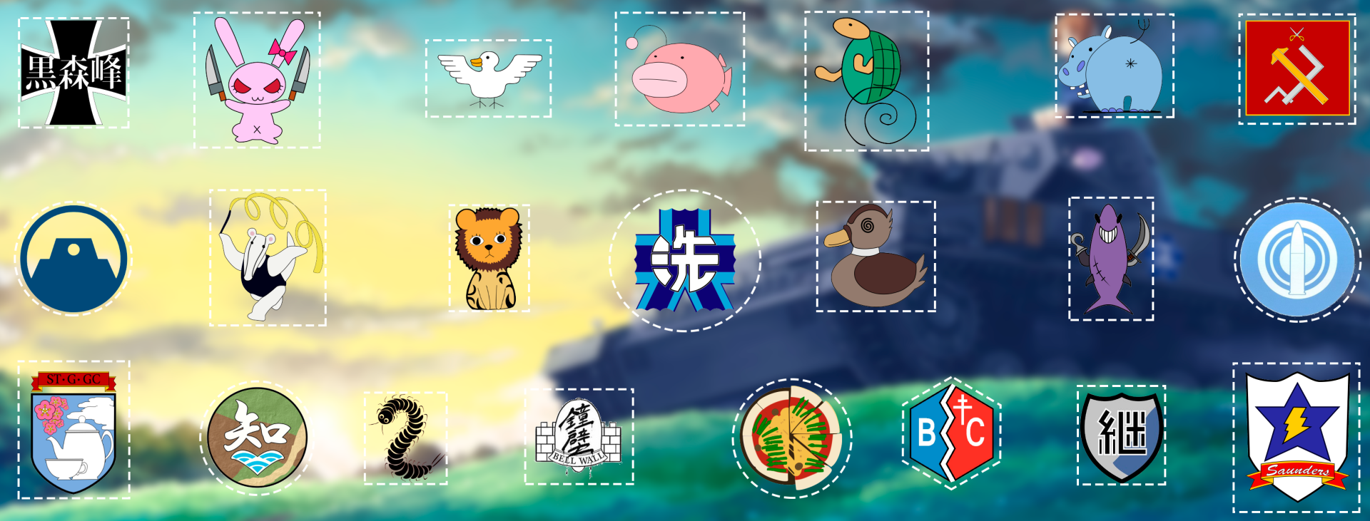 Anime Girls und Panzer HD PC desktop wallpaper and background: coastal sunset scene with colorful app icons arranged across the screen.