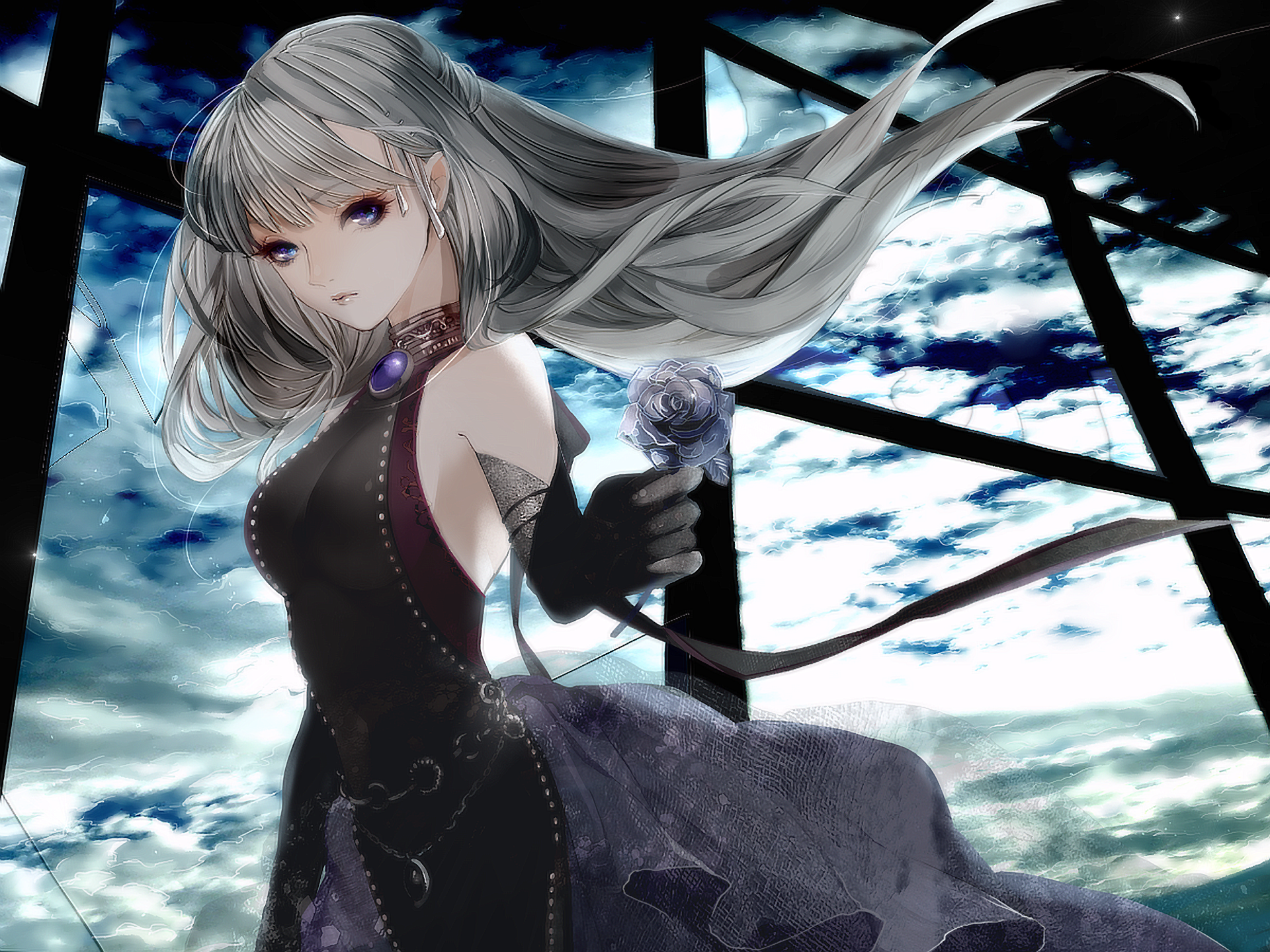 HD anime desktop wallpaper of a silver-haired woman in a black dress holding a glowing orb, set against a dramatic sky and silhouetted structural background.