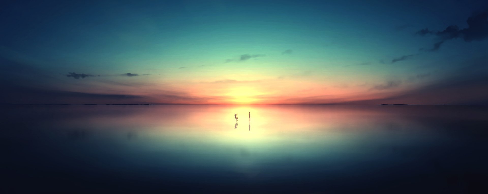 HD anime-inspired original desktop wallpaper featuring a serene and vivid sunset over a calm body of water with a distant silhouette.