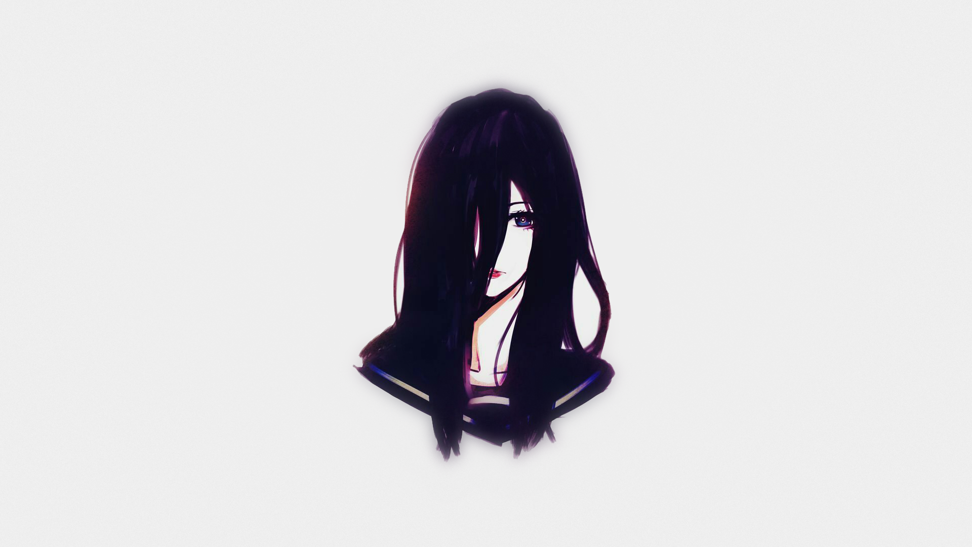 HD anime desktop wallpaper featuring a dark-haired anime girl with long hair partially covering her face on a minimal white background.