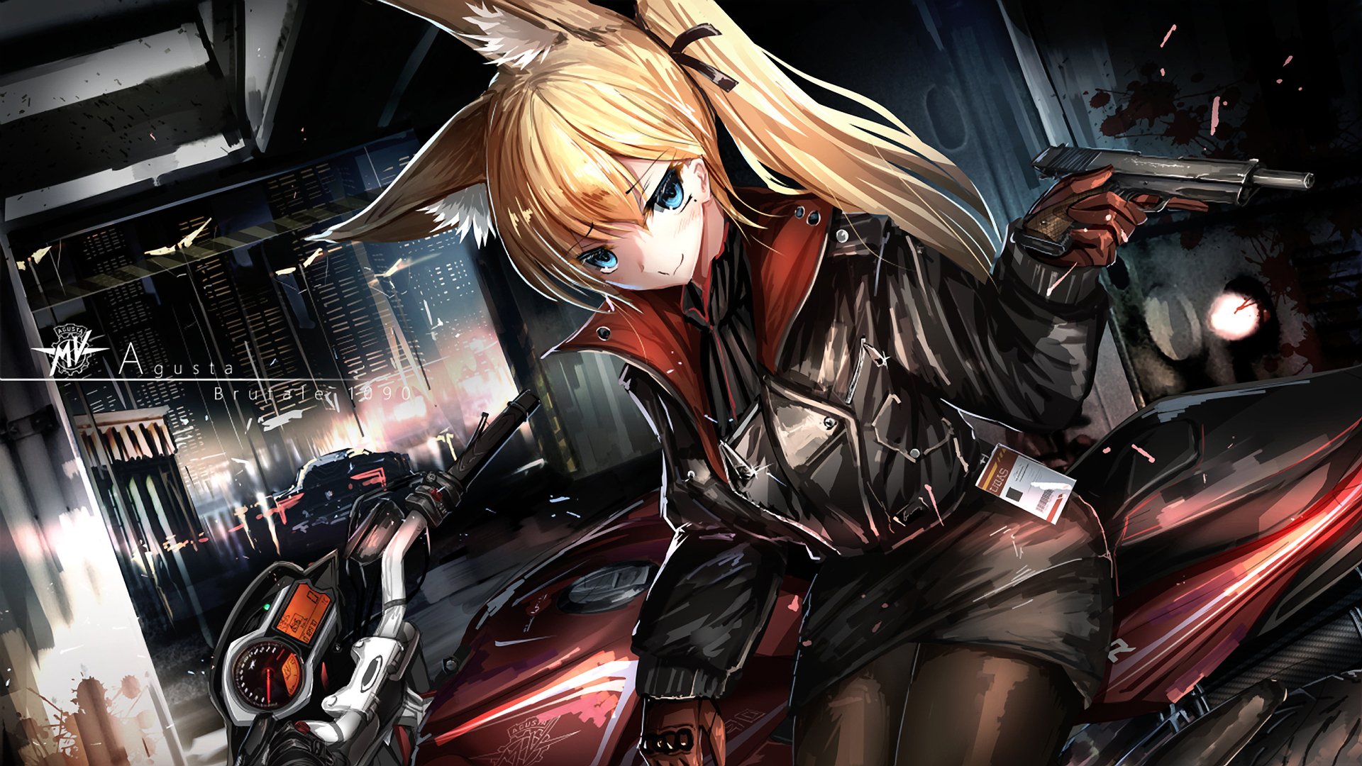 Anime original HD PC desktop wallpaper and background: fox-eared blonde girl in a leather jacket wielding pistols, leaning on a red motorcycle in a neon, rainy city at night.