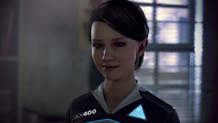 Kara (Detroit: Become Human) portrait — soft smile in a dim industrial room; 4K Ultra HD PC desktop wallpaper/background featuring the video game character.