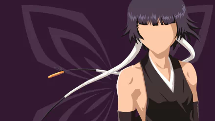 Minimalist anime wallpaper of Soifon (Bleach): faceless portrait in black shihakusho with white sash and stylized dark purple butterfly wing motif, HD PC desktop background.