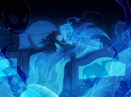 An anime wallpaper featuring a sleeping knight surrounded by mystical water-like elements. The scene is serene and bathed in blue hues, creating a dreamy and ethereal atmosphere.