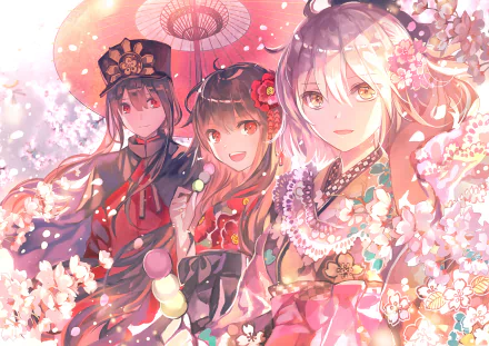 HD anime desktop wallpaper featuring Oda Nobukatsu, Sakura Saber, and Demon Archer from Fate/Grand Order surrounded by cherry blossoms and soft pink hues.