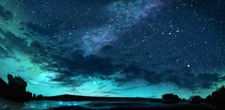An HD desktop wallpaper featuring an anime-style night sky, illuminated by a myriad of stars and a shooting star against a tranquil, dark landscape.