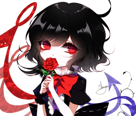 HD PC desktop wallpaper featuring Nue Houjuu (Touhou) — anime girl with black bob, red eyes and bow, holding a red rose against a white background with red and purple ribbons.