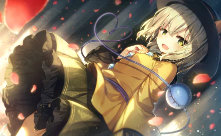 HD PC desktop wallpaper of Koishi Komeiji (Touhou) reclining among falling petals, wearing a yellow blouse, black skirt and hat, her signature heart-shaped eye charm and ribboned cords visible.