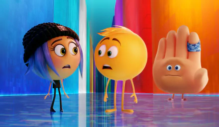 HD desktop wallpaper featuring Hi-5, Gene, and Jailbreak from The Emoji Movie standing against a vibrant, colorful background.