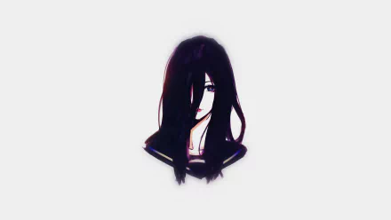 HD anime desktop wallpaper featuring a dark-haired anime girl with long hair partially covering her face on a minimal white background.