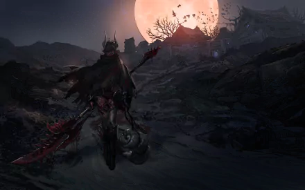 Dark fantasy scene from Tera video game featuring a silhouetted armored warrior holding a weapon, walking toward a large glowing moon over a desolate landscape.