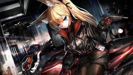 Anime original HD PC desktop wallpaper and background: fox-eared blonde girl in a leather jacket wielding pistols, leaning on a red motorcycle in a neon, rainy city at night.