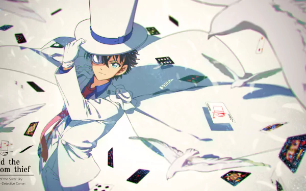 HD PC desktop wallpaper featuring Kaito Kuroba from the anime Detective Conan, depicted in his signature white magician's outfit with playing cards scattered around.