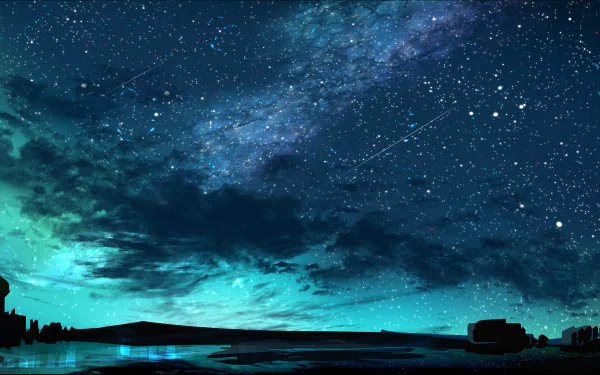 An HD desktop wallpaper featuring an anime-style night sky, illuminated by a myriad of stars and a shooting star against a tranquil, dark landscape.
