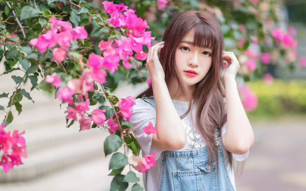 pink flower depth of field lipstick brunette model bougainvillea woman asian HD Desktop Wallpaper | Background Image