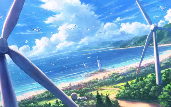 Anime-style HD desktop wallpaper of a beach scene with wind turbines, lush greenery, and a lighthouse, under a bright blue sky with clouds and seagulls flying.