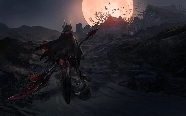 Dark fantasy scene from Tera video game featuring a silhouetted armored warrior holding a weapon, walking toward a large glowing moon over a desolate landscape.
