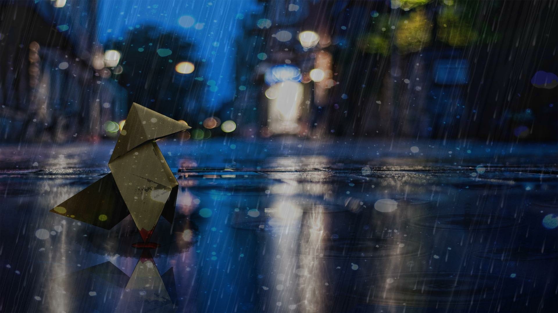 HD PC desktop wallpaper: artistic paper origami figure on a rain-slick street, reflections of building lights and blurred cityscape.