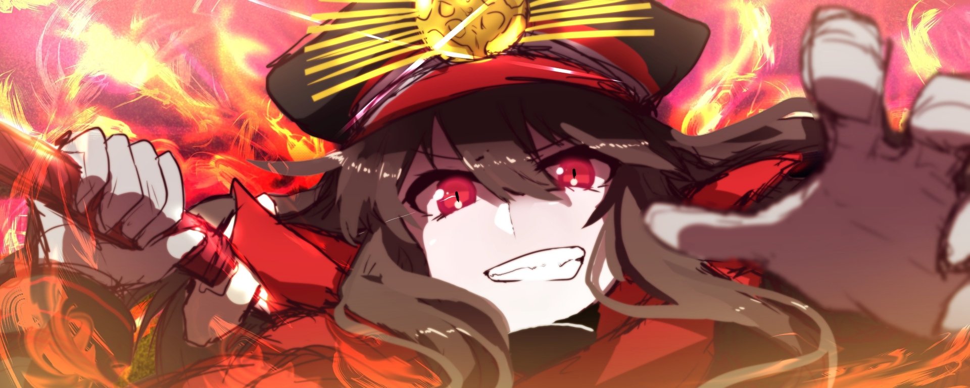 Anime close-up of Demon Archer (Fate/Grand Order) with glowing red eyes and a feral grin amid roaring flames — vibrant 2K Quad HD PC desktop wallpaper.