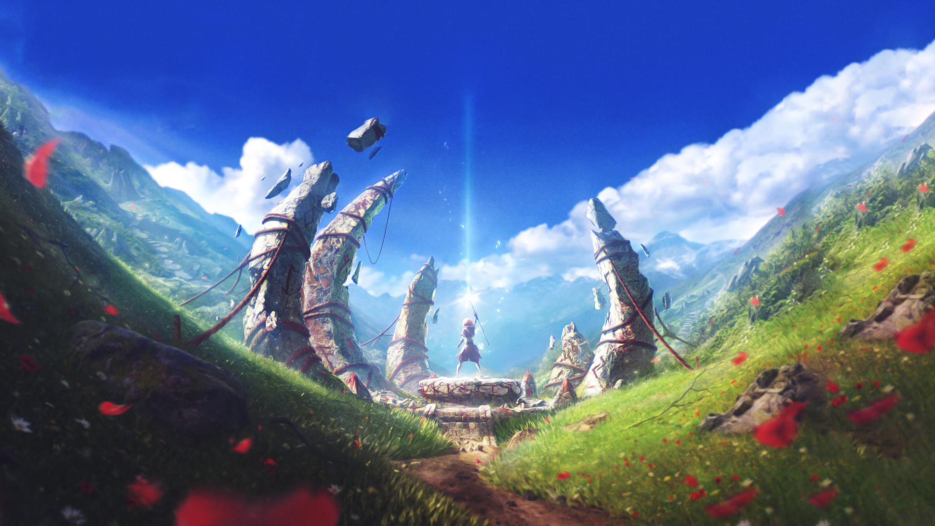 HD PC desktop wallpaper featuring a woman warrior standing amidst floating stone pillars surrounded by clouds, vibrant flowers, and a bright blue sky in a fantasy landscape.