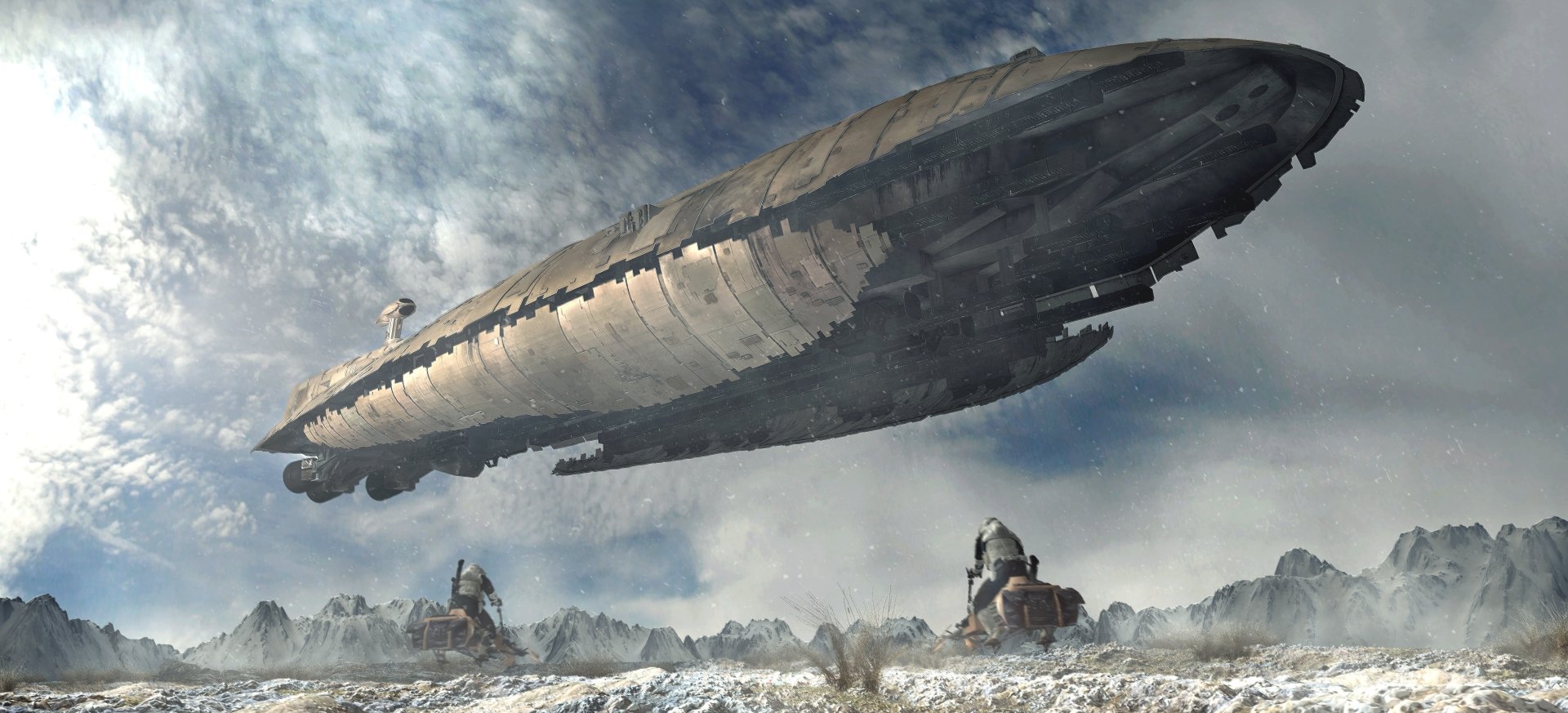 4K Ultra HD sci-fi Star Wars scene featuring a massive spaceship looming over a snowy landscape with scout troopers and a speeder bike in the foreground.