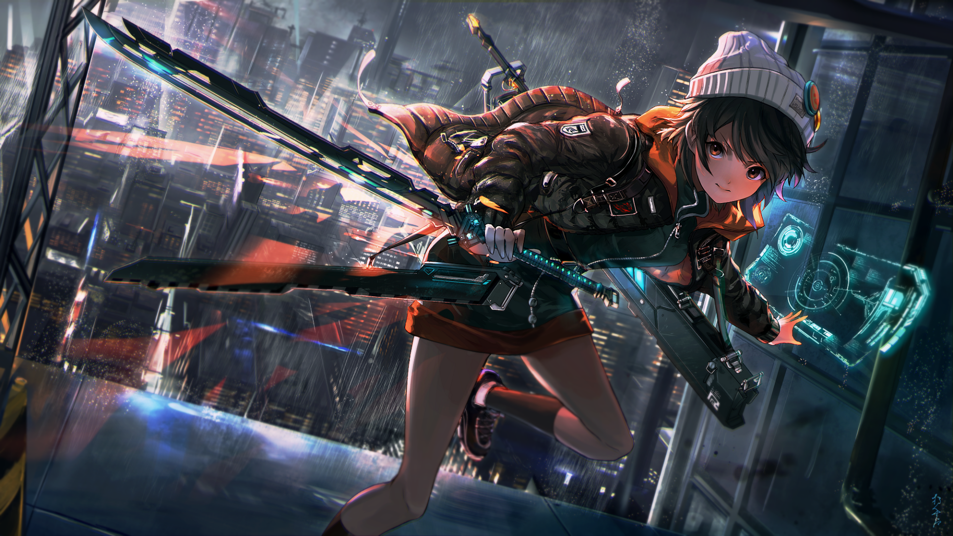HD anime wallpaper featuring an original character with dark hair and futuristic attire, holding a high-tech weapon with a cityscape background.