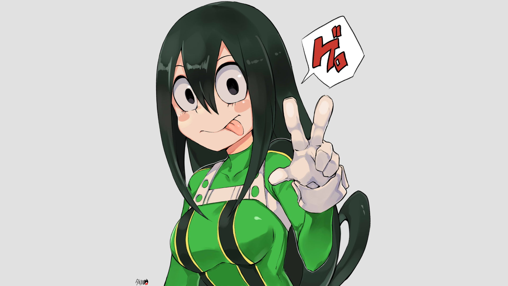 Anime-style 4K Ultra HD desktop wallpaper featuring Tsuyu Asui from My Hero Academia, showing her in a green outfit with a playful peace sign gesture.