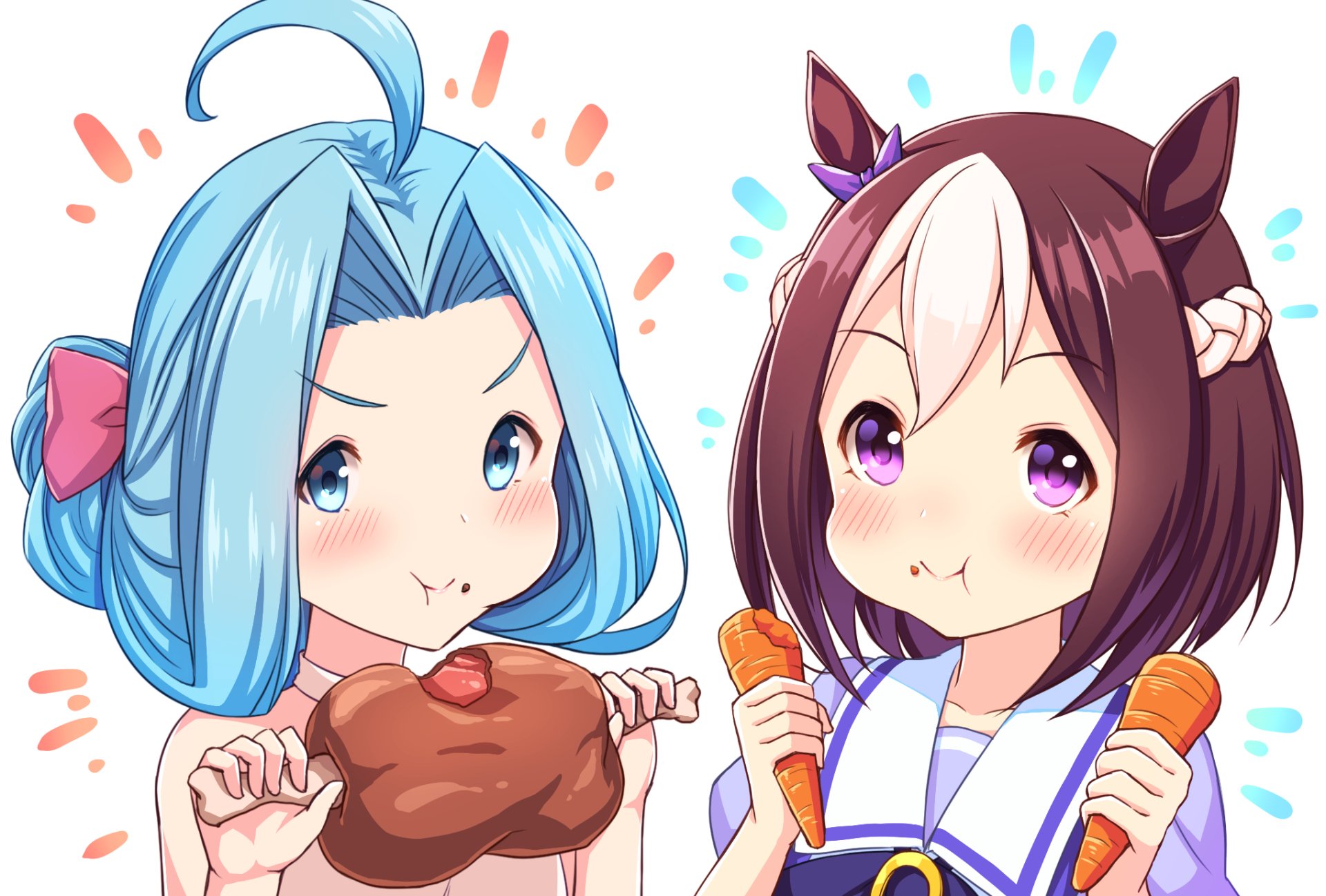 HD anime PC wallpaper: Special Week (Uma Musume) and Lyria (Granblue Fantasy) puffing cheeks while holding carrots and a meat leg, colorful crossover background.