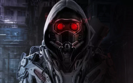 2K Quad HD PC wallpaper of Star-Lord (Guardians of the Galaxy movie): hooded figure with red-lensed mask and armored suit set against a gritty, dark sci‑fi background.