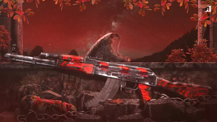 HD desktop wallpaper featuring a detailed AK-47 weapon from Counter-Strike: Global Offensive in a dark, red-toned video game environment.
