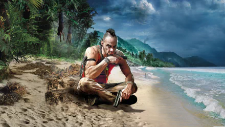 Vaas Montenegro from Far Cry 3 sits on a tropical beach holding a gun, detailed in an 8K Ultra HD video game desktop wallpaper.