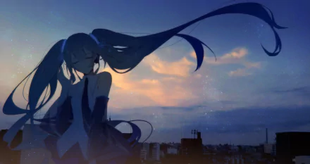 HD anime-style desktop wallpaper featuring Hatsune Miku from Vocaloid with flowing twin tails against a dramatic sunset sky over a cityscape.