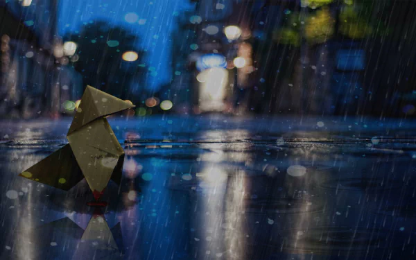 HD PC desktop wallpaper: artistic paper origami figure on a rain-slick street, reflections of building lights and blurred cityscape.