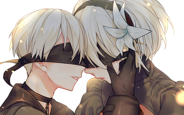 HD PC desktop wallpaper featuring YoRHa No.9 Type S and YoRHa No.2 Type B from the video game NieR: Automata in a close, emotional moment.