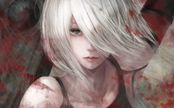HD desktop wallpaper of YoRHa Type A No.2 from the video game NieR: Automata. The character stands in a vivid, abstract background with a focused and intense expression.