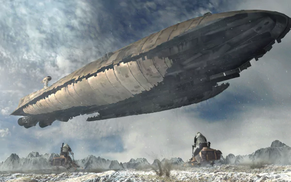 4K Ultra HD sci-fi Star Wars scene featuring a massive spaceship looming over a snowy landscape with scout troopers and a speeder bike in the foreground.